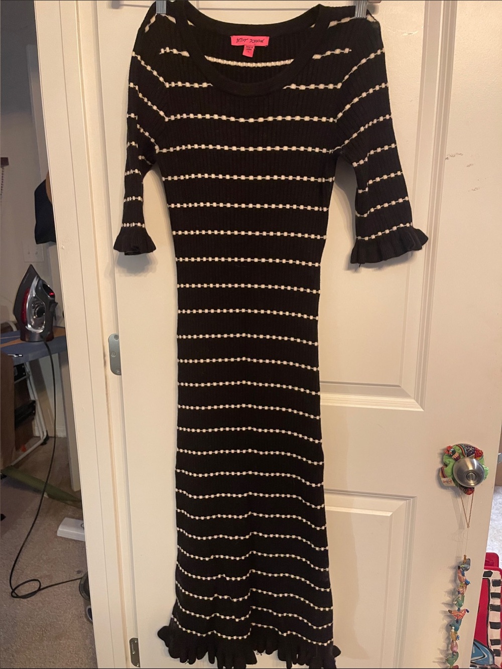 Betsey Johnson Black Dress with White Stripes and Ruffle Hem